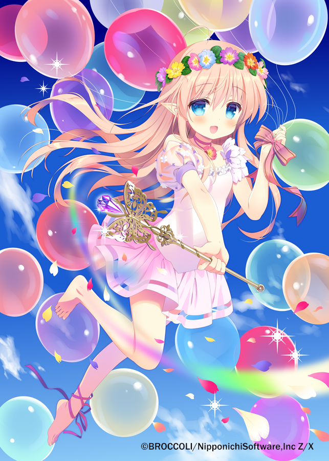 1girl, :d, balloon, barefoot, blue_eyes, blue_flower, blue_sky, blush