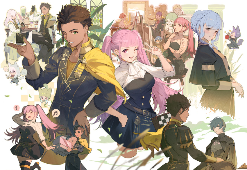 4girls, 5boys, animal_ears, armor, bag, belt, black_gloves, blue_eyes