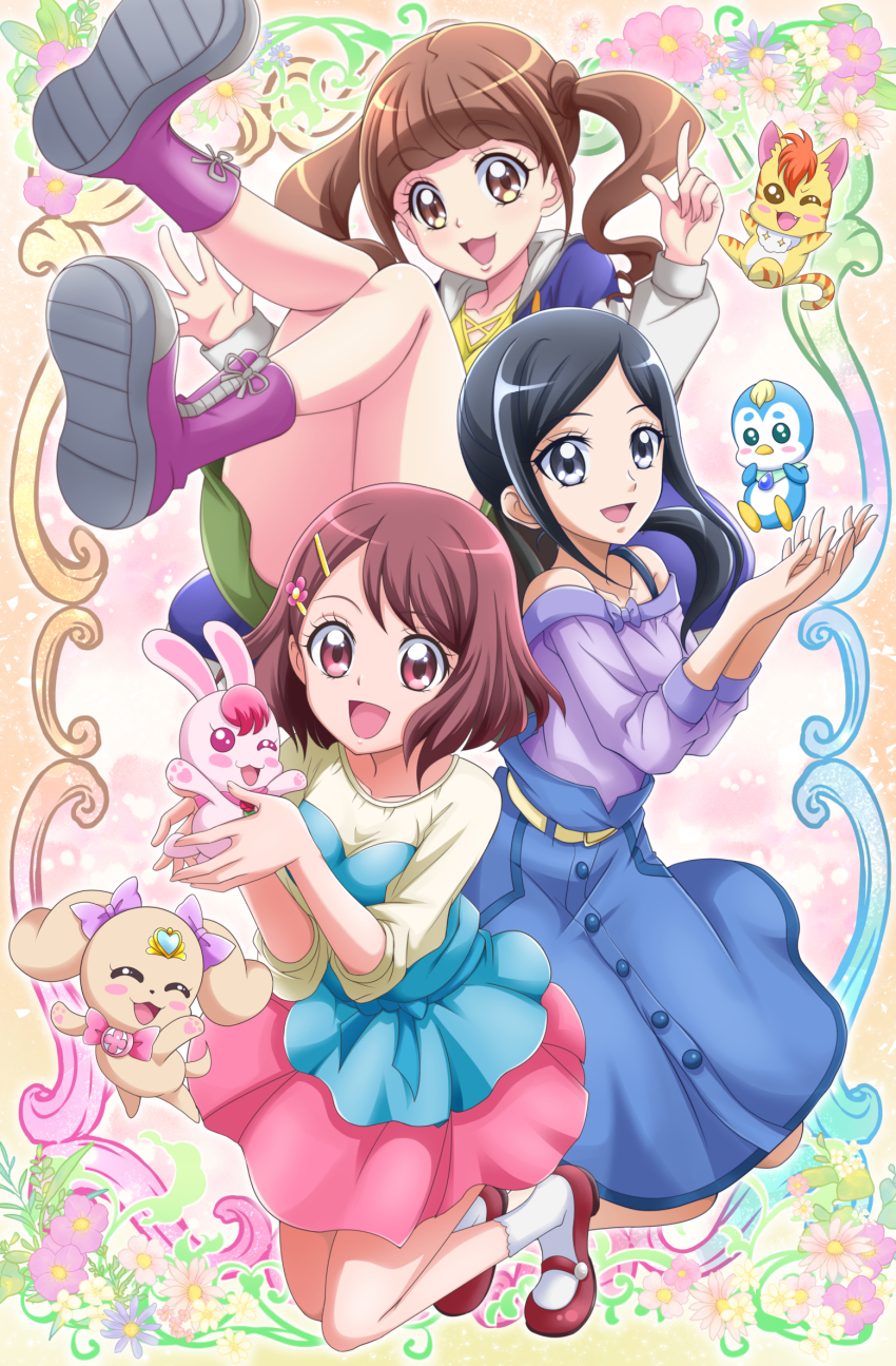 3girls, :d, black_eyes, black_hair, blouse, blue_skirt, blunt_bangs, boots