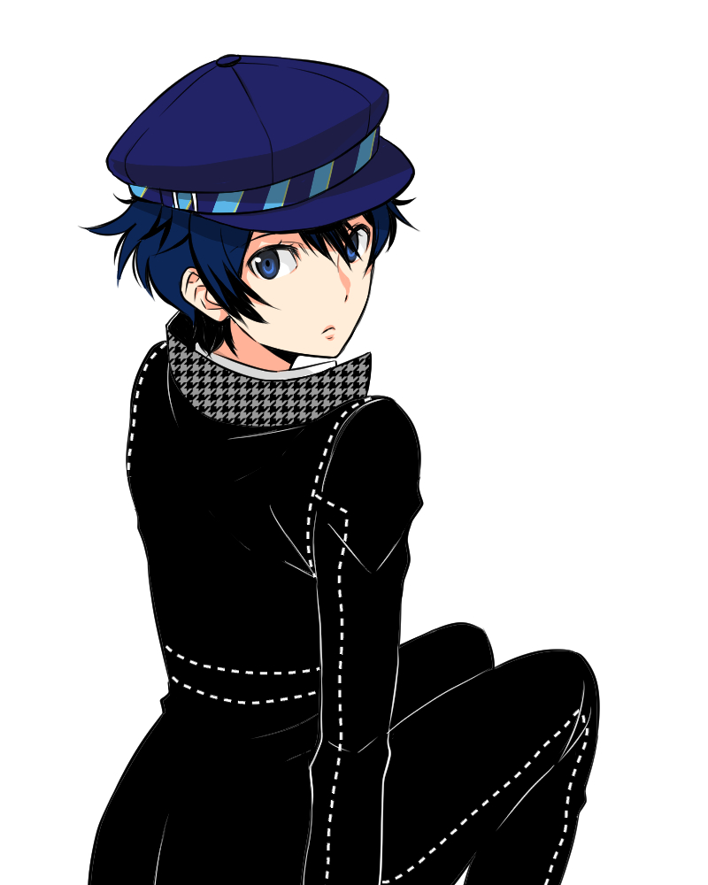1girl, bad_id, bad_pixiv_id, black_jacket, black_pants, blue_eyes, blue_hair, blue_headwear, closed_mouth, from_behind, frown, hair_between_eyes, jacket, long_sleeves, looking_at_viewer, looking_back, maodaisuke, pants, persona, persona_4, school_uniform, shirogane_naoto, short_hair, simple_background, sitting, solo, white_background, yasogami_school_uniform