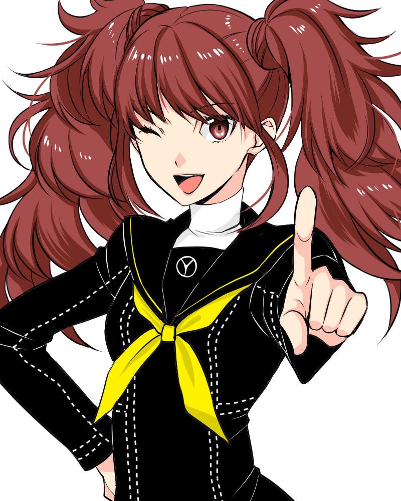 1girl, ;d, bad_id, bad_pixiv_id, black_jacket, black_sailor_collar, black_serafuku, brown_eyes