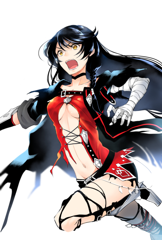 1girl, bandaged_arm, bandages, black_choker, black_coat, black_hair, black_legwear, black_shorts
