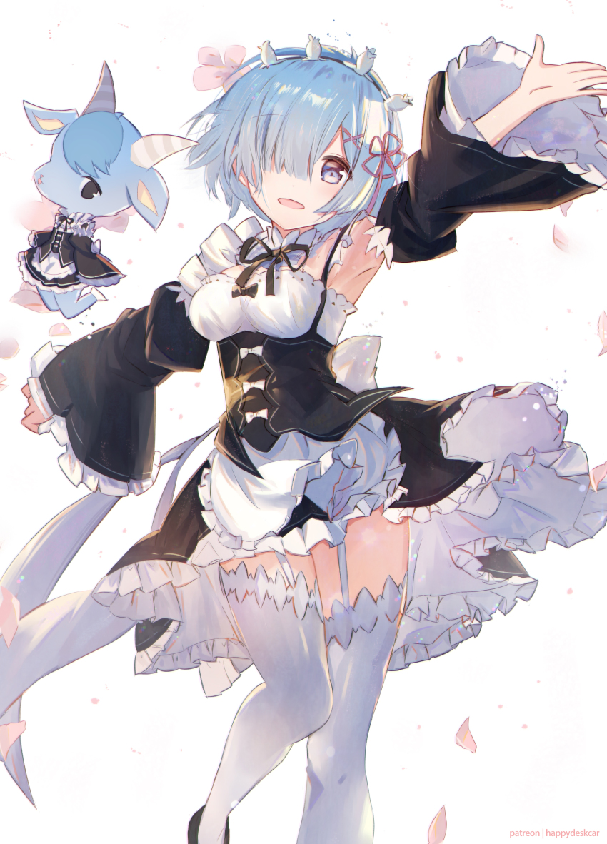 1girl, :d, absurdres, animal_crossing, animal_crossing:_new_horizons, apron, armpits, black_bow, black_ribbon, black_skirt, black_sleeves, blue_eyes, blue_hair, bow, crossdressing, crossdressing_(ftm), dedeko, detached_collar, detached_sleeves, flower, frilled_apron, frilled_skirt, frilled_sleeves, frills, garter_straps, hair_flower, hair_ornament, hair_over_one_eye, hair_ribbon, head_wreath, highres, long_sleeves, looking_at_viewer, miniskirt, name_connection, neck_ribbon, open_mouth, outstretched_arms, petals, pink_ribbon, re:zero_kara_hajimeru_isekai_seikatsu, rem_(re:zero), ribbon, sherb_(animal_crossing), short_hair, simple_background, skirt, smile, solo, standing, thighhighs, waist_apron, white_apron, white_background, white_bow, white_flower, white_thighhighs, zettai_ryouiki