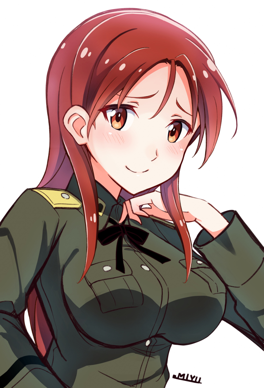 1girl, black_ribbon, breasts, commentary_request, highres, jacket, kuroten, long_hair, medium_breasts, military, military_jacket, military_uniform, minna-dietlinde_wilcke, neck_ribbon, red_eyes, red_hair, ribbon, simple_background, solo, strike_witches, upper_body, white_background, world_witches_series
