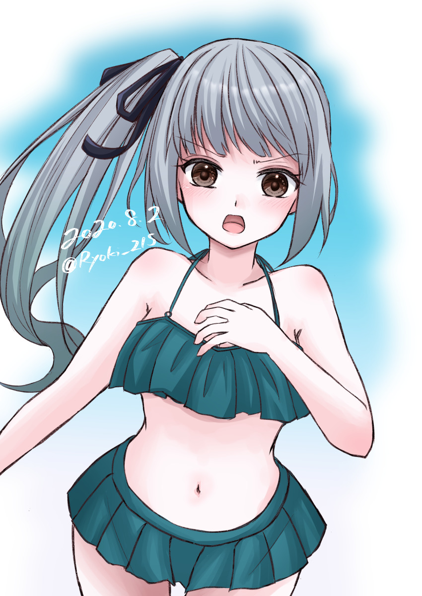 1girl, absurdres, bare_shoulders, bikini, black_ribbon, blush, brown_eyes, dated