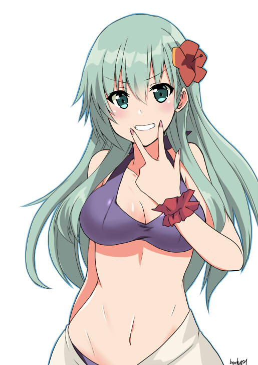 1girl, aqua_hair, bare_shoulders, bikini, breasts, cleavage, flower, green_eyes