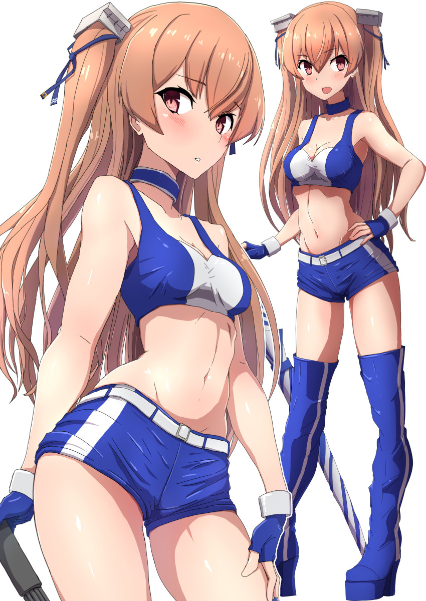 1girl, alternate_costume, bikini, blue_shirt, blue_shorts, boots, breasts, brown_eyes, cleavage, comala_(komma_la), fingerless_gloves, gloves, highres, johnston_(kancolle), kantai_collection, light_brown_hair, long_hair, medium_breasts, multicolored_bikini, race_queen, shirt, shorts, swimsuit, thigh_boots, thighhighs, two-tone_bikini, two_side_up, white_background
