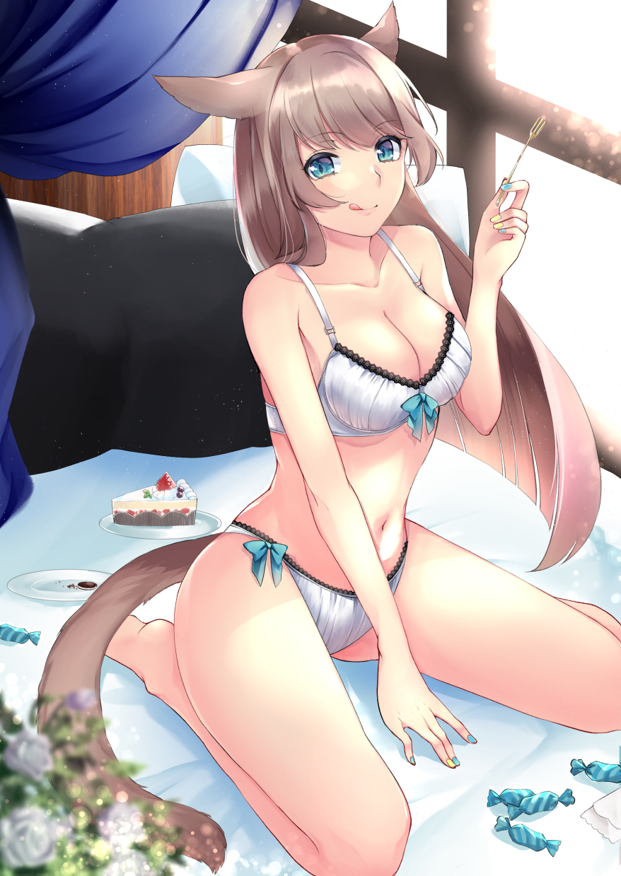 1girl, animal_ears, warrior_of_light_(ff14), bare_shoulders, blue_eyes, blue_nails, bra, breasts