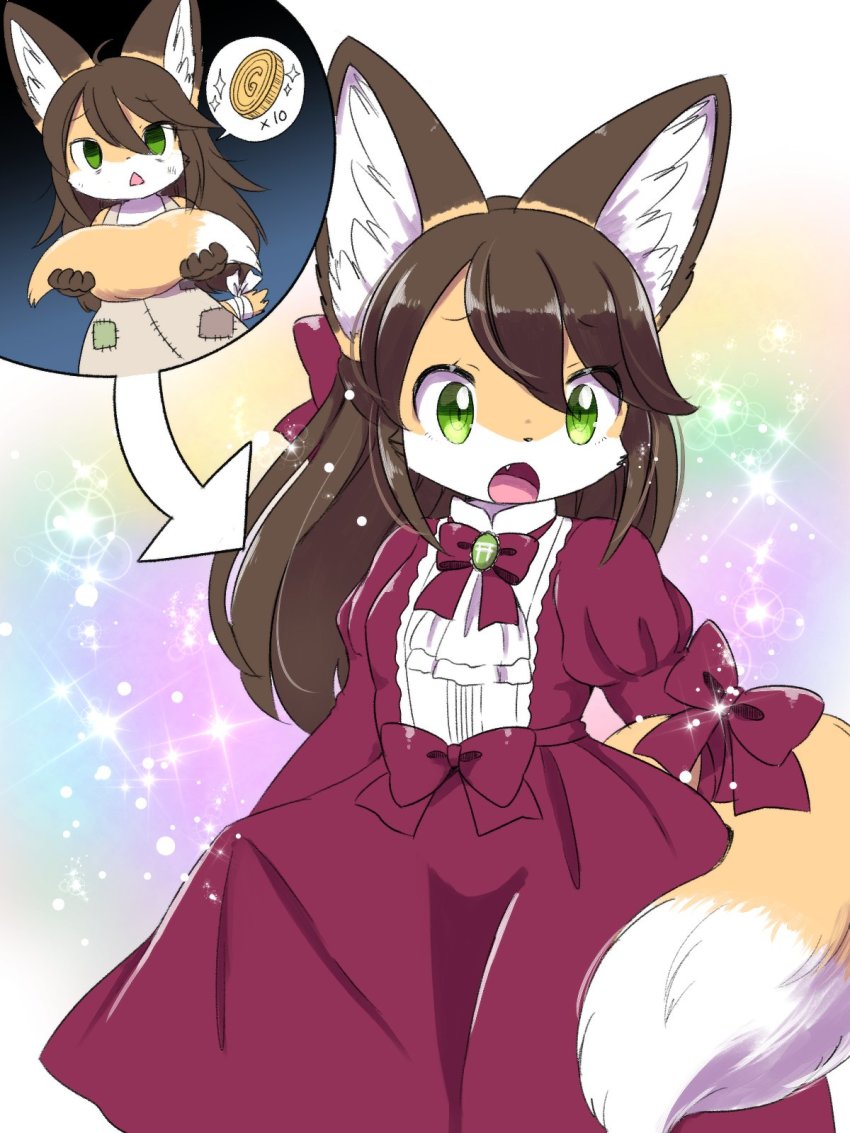 1girl, animal_ear_fluff, animal_ears, before_and_after, body_fur, bow, dress, female_focus