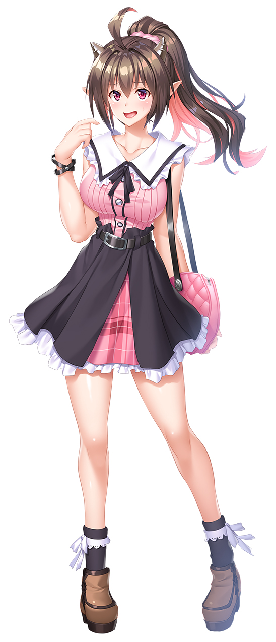 1girl, asahi, breasts, brown_hair, casual, cleavage, dress, female_focus