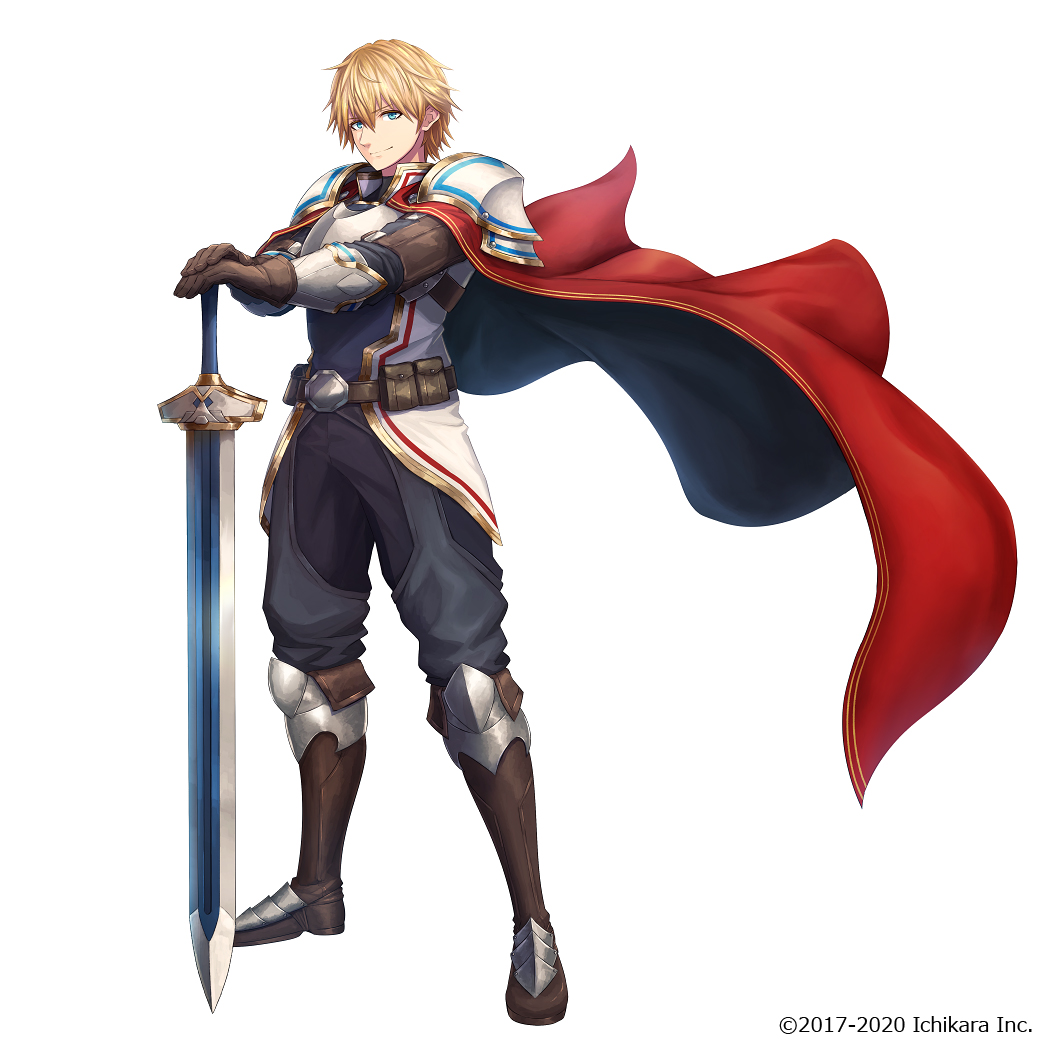 1boy, armor, belt, blonde_hair, blue_eyes, breastplate, cape, ex_albio, ex_albio_(1st_costume), full_body, gloves, greaves, k-suwabe, male_focus, nijisanji, pauldrons, shoulder_armor, simple_background, smile, solo, standing, sword, virtual_youtuber, weapon, white_background