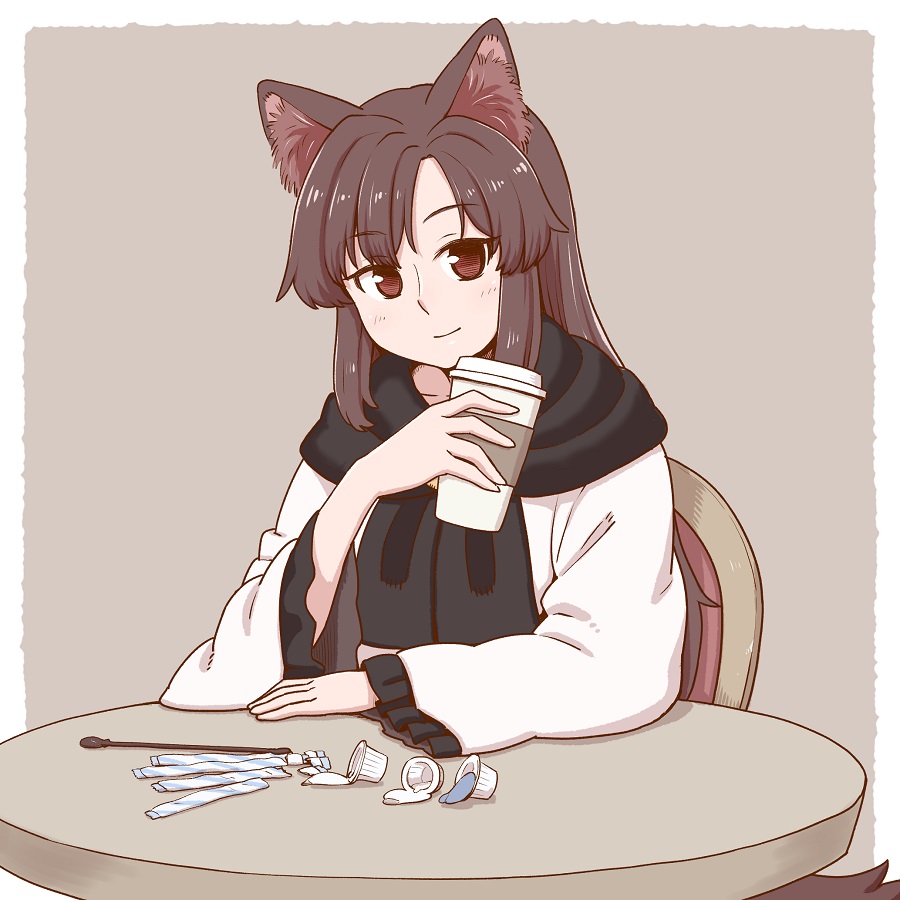 1girl, animal_ear_fluff, animal_ears, black_scarf, border, brown_hair, closed_mouth, commentary