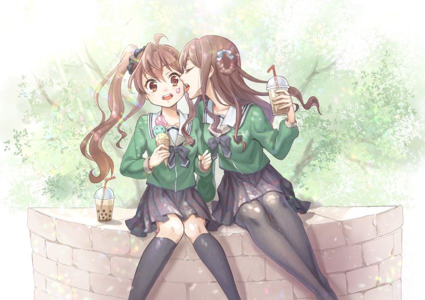 22/7, 2girls, black_bow, black_scrunchie, black_skirt, black_socks, blue_bow, bow