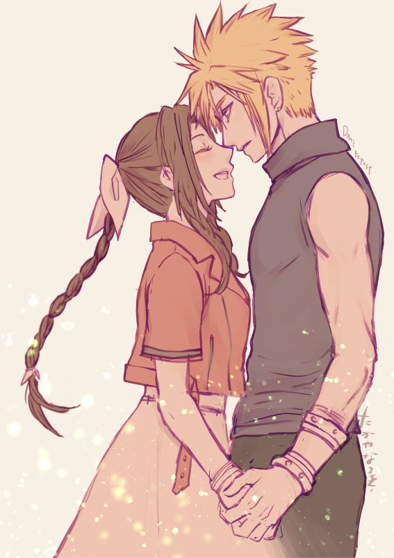 1boy, 1girl, aerith_gainsborough, bad_id, bad_twitter_id, belt, black_pants, black_shirt, blonde_hair, blush, bow, braid, brown_hair, closed_eyes, cloud_strife, couple, cowboy_shot, cropped_jacket, dress, final_fantasy, final_fantasy_vii, hair_bow, height_difference, hetero, holding_hands, lips, long_hair, open_mouth, pants, parted_lips, pink_dress, pink_hair, shirt, short_hair, sidelocks, simple_background, single_braid, square_enix, takaya_natsuki, teeth