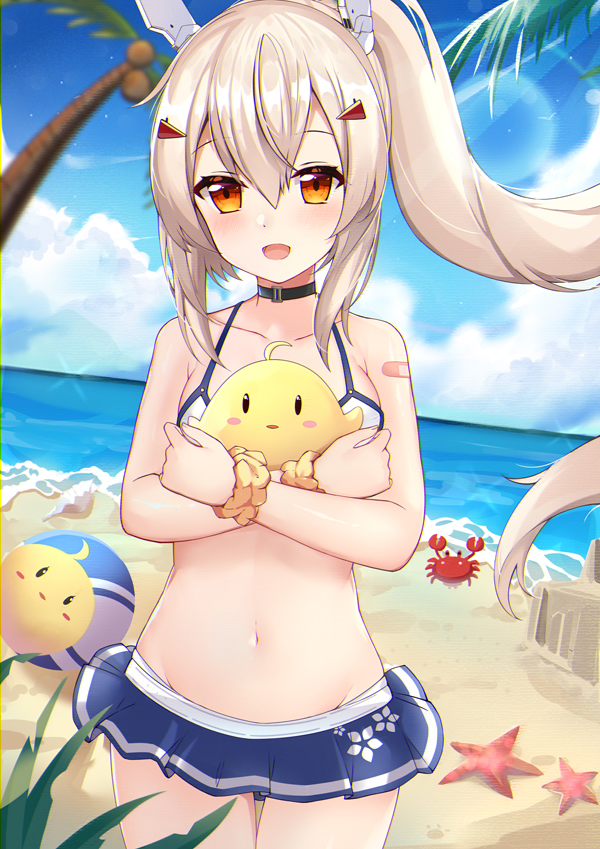 1girl, :d, animal, ayanami_(azur_lane), azur_lane, baby_animal, bandaid, bare_arms