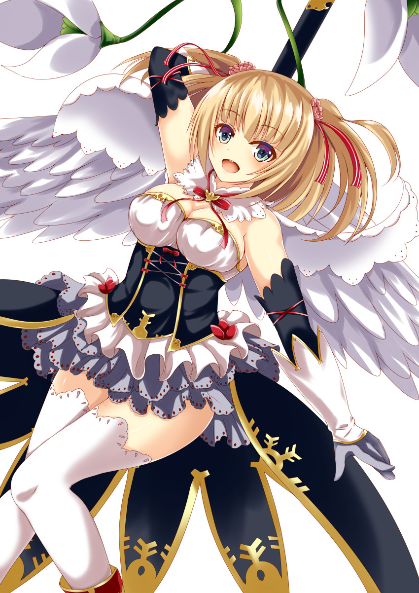 1girl, :d, absurdres, ayasato_karen, blue_skirt, bow, bowtie, breasts