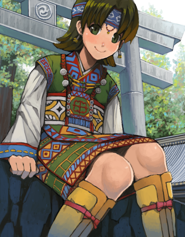 1girl, ainu_clothes, bad_drawr_id, bad_id, boots, brown_hair, drawr, earrings, female_focus, goe, green_eyes, headband, jewelry, knee_boots, knees_together_feet_apart, long_sleeves, looking_at_viewer, oekaki, parted_bangs, short_hair, shrine, sitting, smile, solo, torii, traditional_clothes, tree, valkyrie_profile_(series), valkyrie_profile_1, yumei_(valkyrie_profile), yumei_(vp)