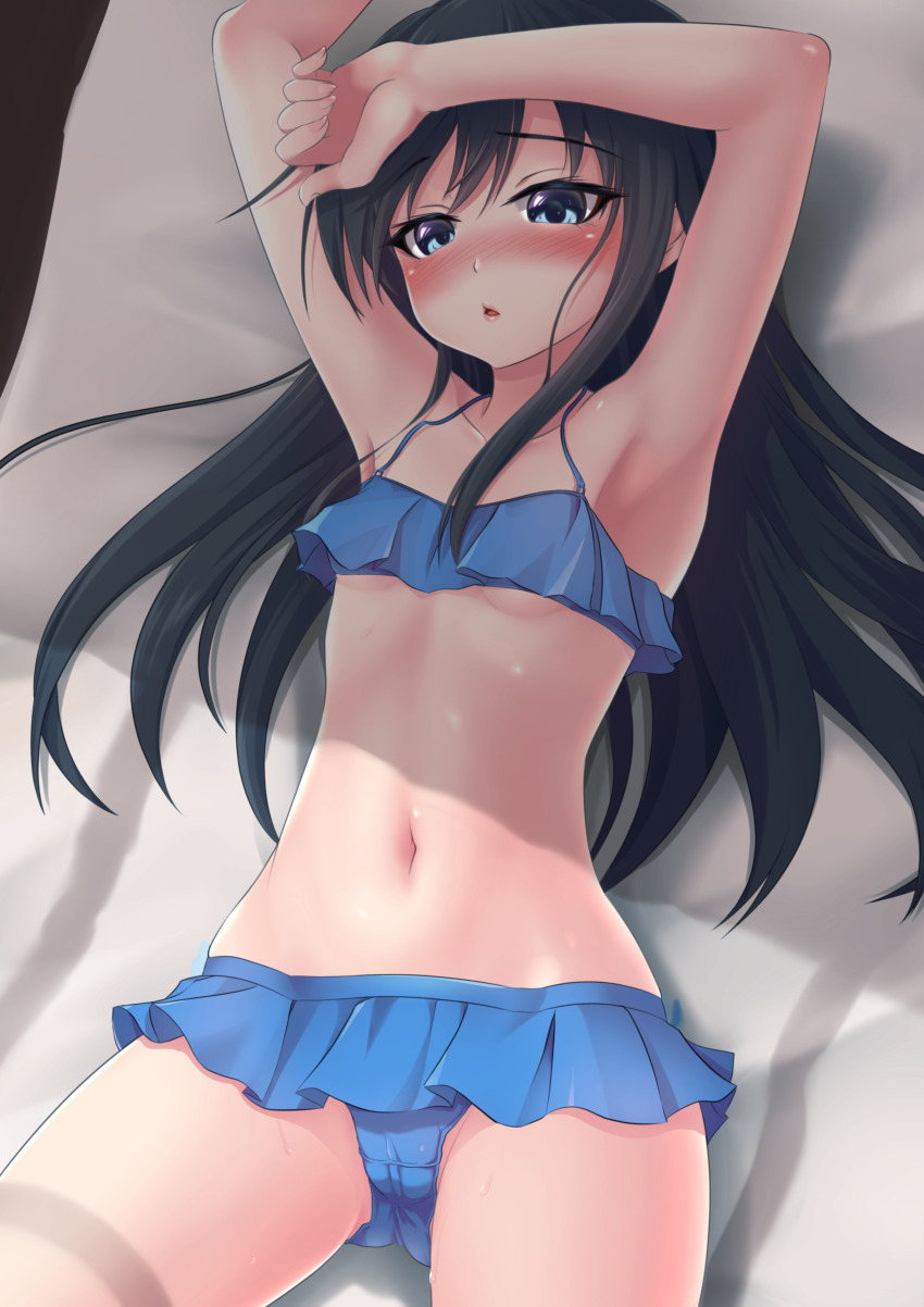 1girl, absurdres, asashio_(kancolle), bed, bikini, black_hair, blue_bikini, blue_eyes