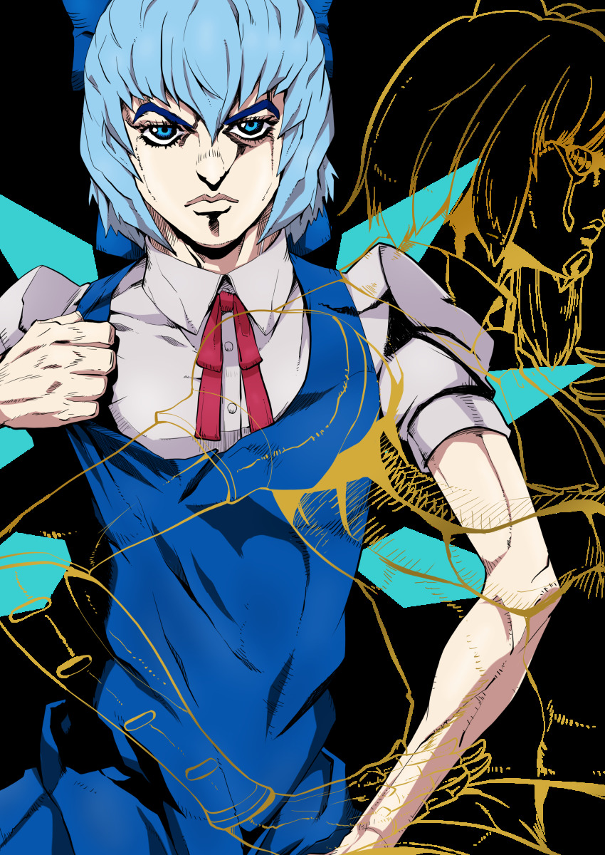 1girl, absurdres, araki_hirohiko_(style), blue_bow, blue_dress, blue_eyes, blue_hair, bow