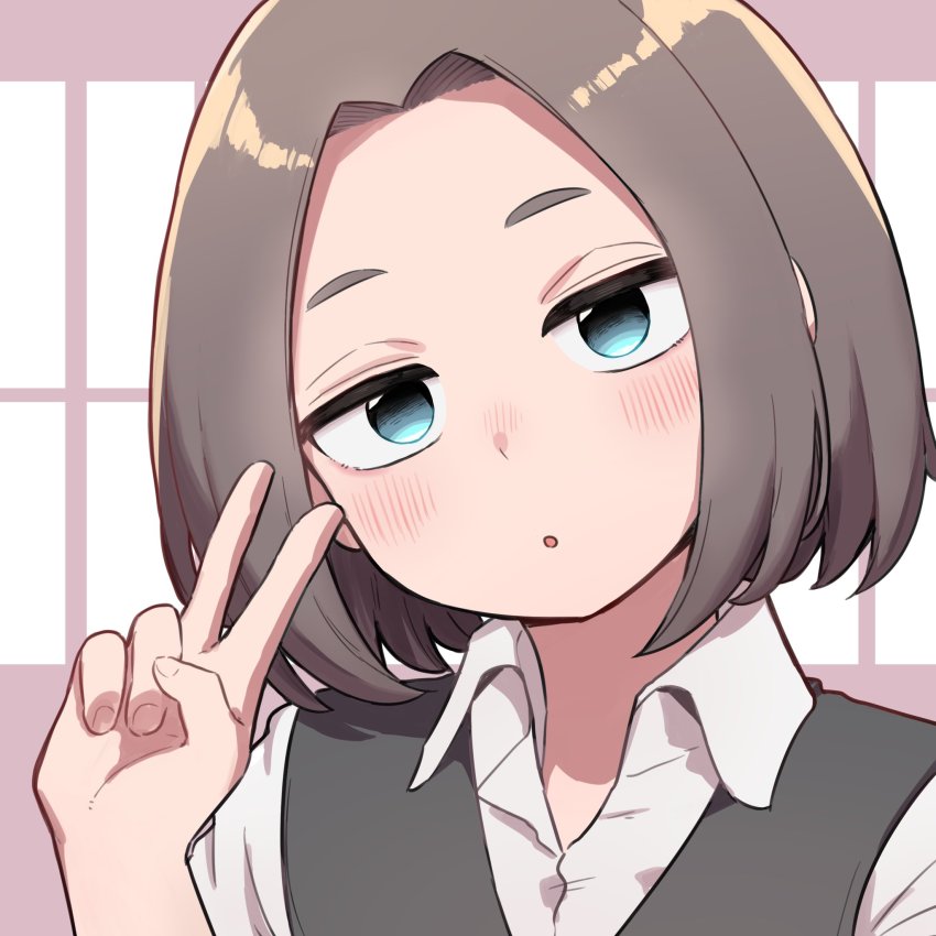 1girl, blue_eyes, blush, brown_hair, collared_shirt, expressionless, half-closed_eyes, highres, jitome, looking_at_viewer, office_lady, oogushi_aritomo, peace_symbol, senpai_ga_uzai_kouhai_no_hanashi, shirt, short_hair, solo, tsukishiro_mona, v, vest