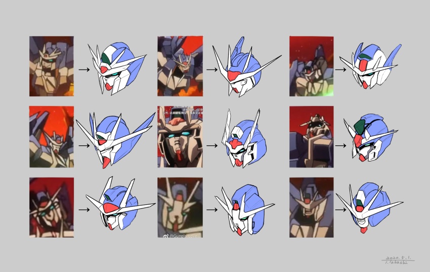 absurdres, artist_name, blue_eyes, dated, derivative_work, grey_background, gundam, gundam_00_sky