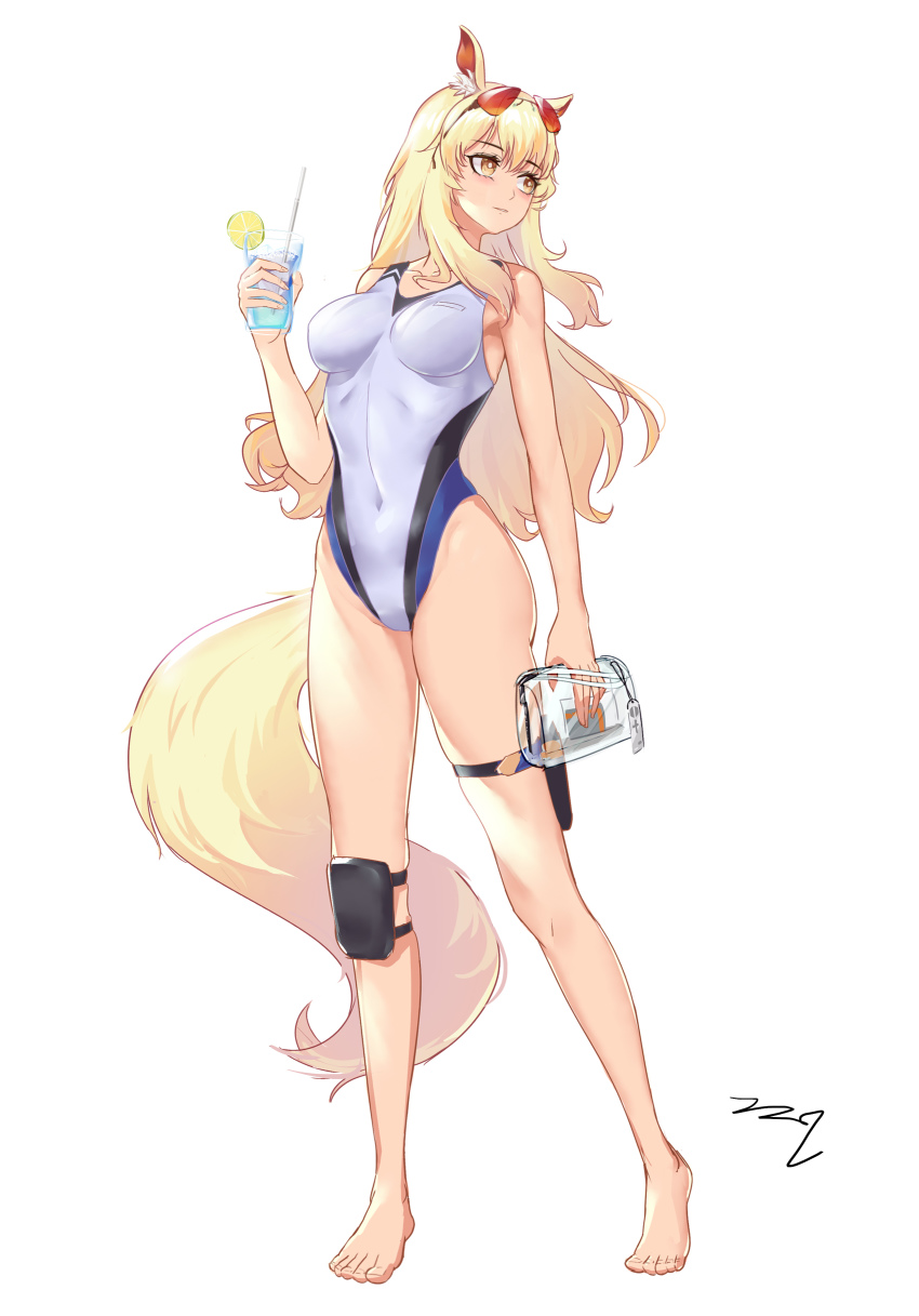 1girl, absurdres, animal_ear_fluff, animal_ears, arknights, bag, barefoot, blonde_hair, competition_swimsuit, covered_navel, cup, full_body, hair_between_eyes, handbag, highres, holding, holding_bag, holding_cup, horse_ears, horse_girl, horse_tail, long_hair, looking_away, nearl_(arknights), nearl_(shimmering_dew)_(arknights), official_alternate_costume, one-piece_swimsuit, ponytail, sidelocks, simple_background, solo, standing, swimsuit, tail, thigh_strap, white_background, yellow_eyes, zzq