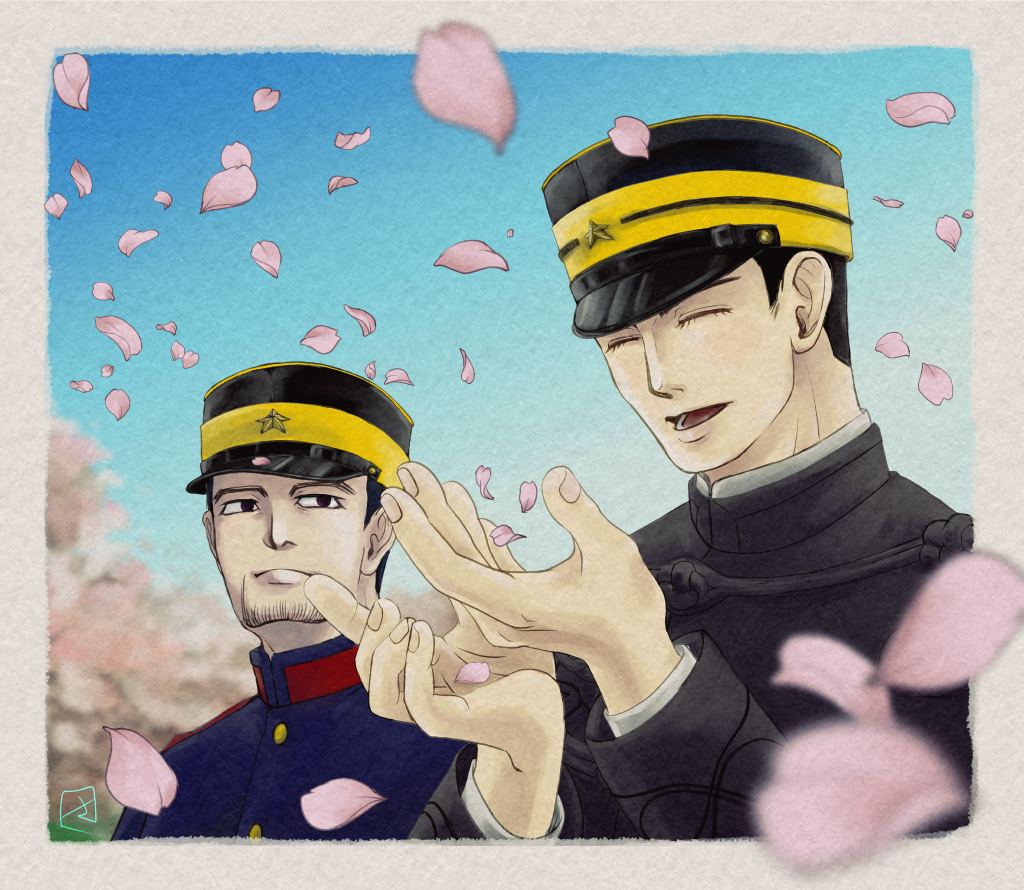 2boys, 390skr390, bad_id, bad_pixiv_id, black_eyes, black_hair, black_headwear, closed_eyes, day, facial_hair, golden_kamuy, hanazawa_yusaku, hat, looking_at_another, military, military_hat, military_uniform, multiple_boys, ogata_hyakunosuke, outdoors, petals, smile, spring_(season)