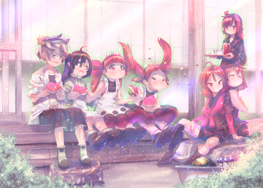 6+girls, ahoge, bare_shoulders, black_dress, blunt_bangs, closed_eyes, dress, eating