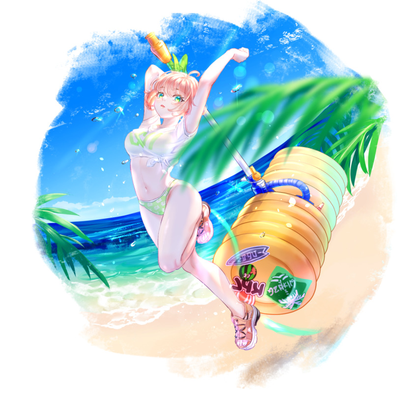 1girl, ahoge, arms_up, bare_legs, beach, bikini, blue_sky, blurry