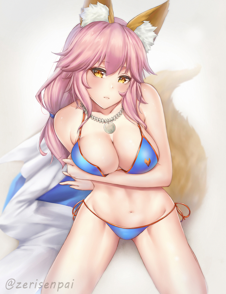 1girl, animal_ear_fluff, animal_ears, bare_shoulders, bikini, blue_bikini, blush, breasts
