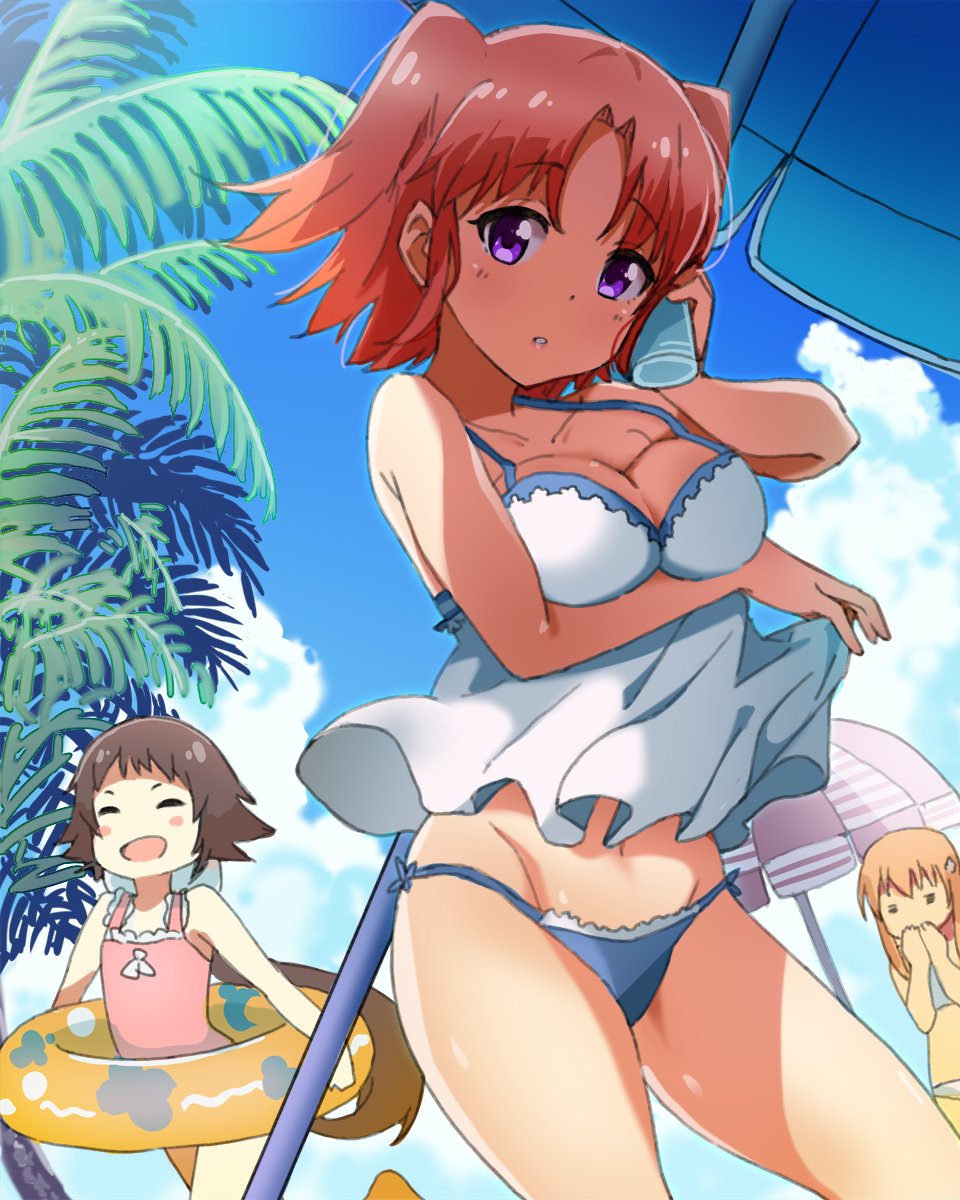 3girls, :d, beach_umbrella, bikini, blue_bikini, blue_sky, blush_stickers, bottle