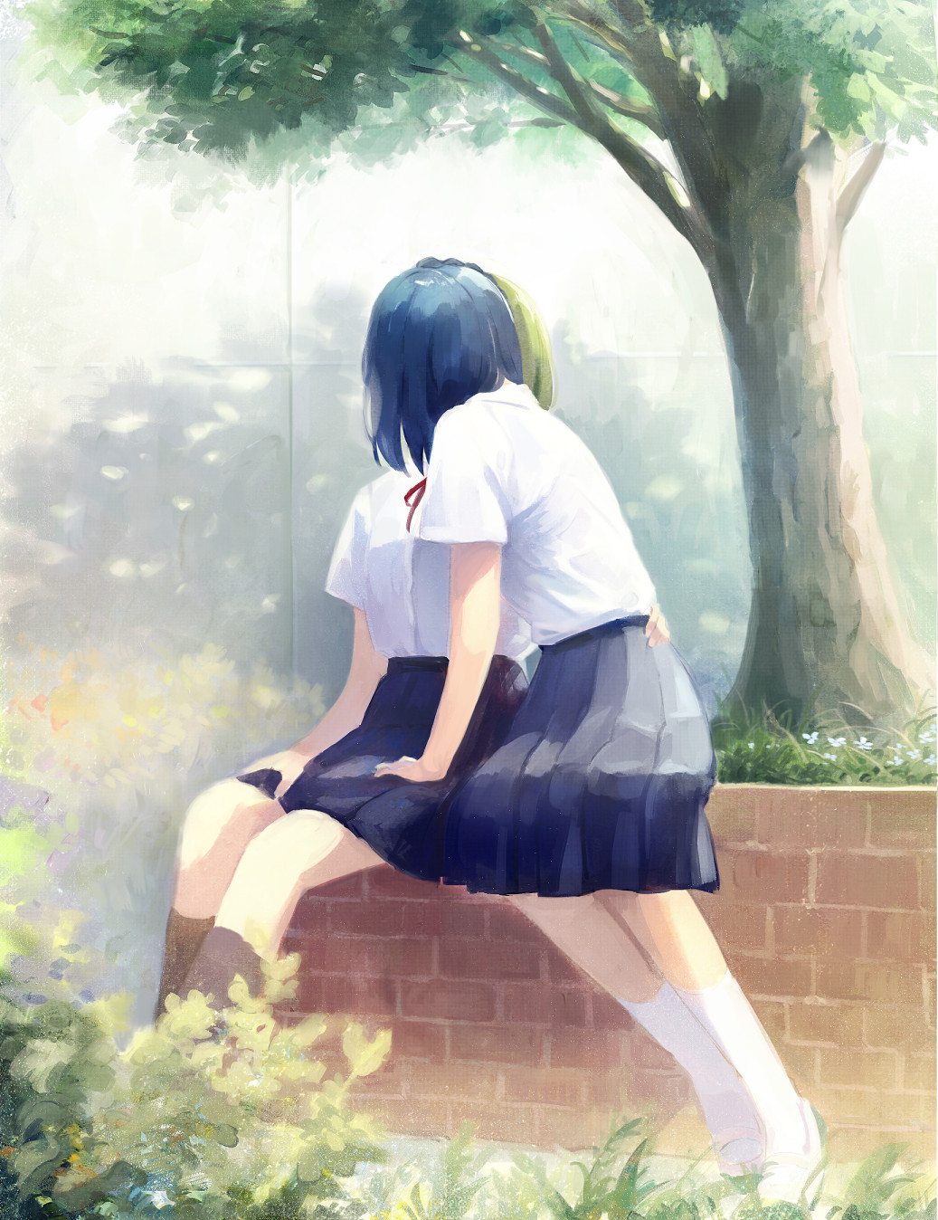 2girls, arm_around_another's_waist, black_socks, blue_hair, blue_skirt, braid, collared_shirt, covered_face