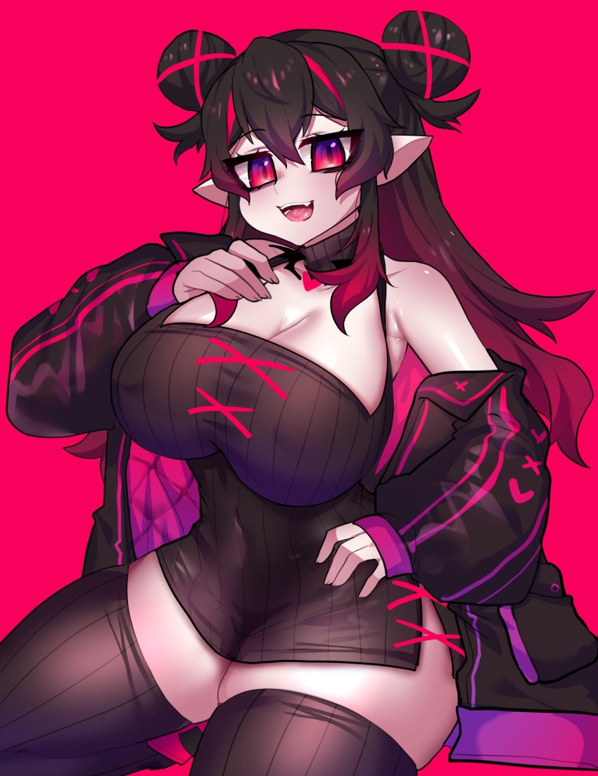 1girl, bare_shoulders, black_coat, black_hair, black_thighhighs, breasts, coat, double_bun, dress, elizabeth_von_mountbatten_(osiimi), fangs, hair_bun, highres, looking_at_viewer, oil-paper_umbrella, original, osiimi, pink_background, pointy_ears, ribbed_dress, ribbed_legwear, ribbed_thighhighs, sidelocks, smile, thick_thighs, thighhighs, thighs, umbrella, vampire, virtual_youtuber