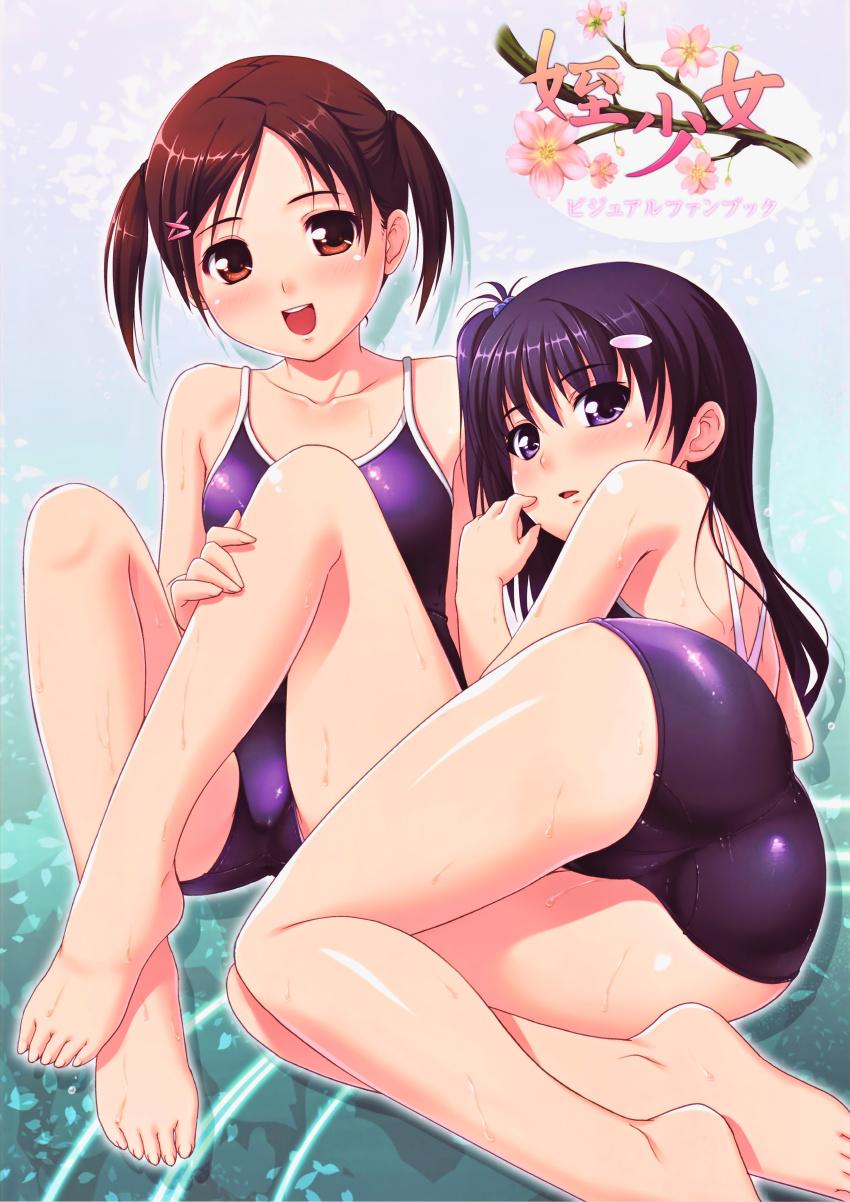 2girls, absurdres, ass, barefoot, blush, brown_eyes, brown_hair, competition_school_swimsuit