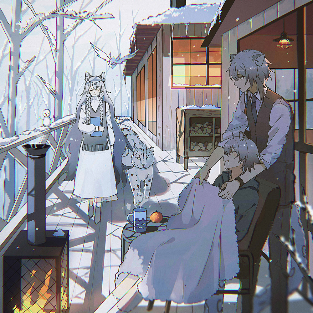 1boy, 2girls, animal_ears, arknights, bad_id, bad_pixiv_id, bird, black_neckwear