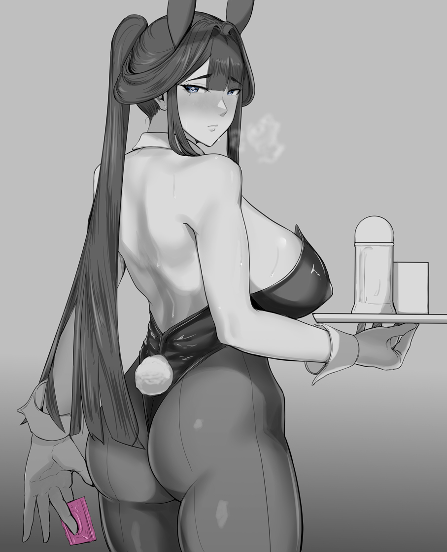 1girl, anegawa_eiji, animal_ears, ass, bad_id, bad_twitter_id, bare_back, bare_shoulders, black_hair, blush, breasts, breath, commentary_request, condom, condom_wrapper, covered_erect_nipples, cuffs, fake_animal_ears, fake_tail, gloves, granblue_fantasy, large_breasts, long_hair, looking_at_viewer, looking_back, pantyhose, playboy_bunny, ponytail, rabbit_ears, rabbit_tail, shura_(granblue_fantasy), tail, tray, white_gloves