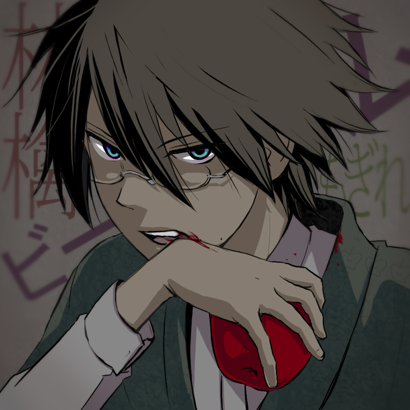 00s, 1boy, apple, black_hair, blue_eyes, eating, food, fruit