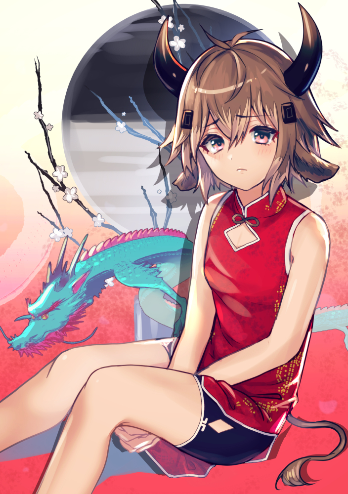 1boy, arknights, bare_arms, bare_shoulders, bison_(arknights), black_shorts, brown_hair, ch'en_(ageless_afterglow)_(arknights), ch'en_(arknights), ch'en_(arknights)_(cosplay), child, china_dress, chinese_clothes, commentary_request, cosplay, crossdressing, crossdressing_(mtf), dragon, dress, drop_shadow, eastern_dragon, feet_out_of_frame, hair_between_eyes, horns, looking_at_viewer, male_focus, official_alternate_costume, pink_eyes, red_dress, short_hair, short_shorts, shorts, sitting, sleeveless, sleeveless_dress, tail, thighs, trap, yoruhachi