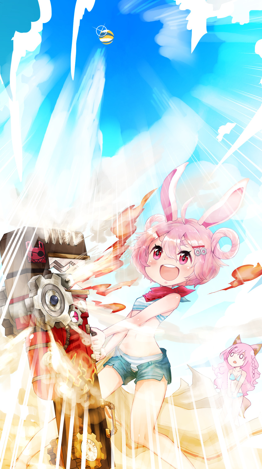 2girls, absurdres, animal_ears, ball, bandana, beachball, bikini, blue_bikini