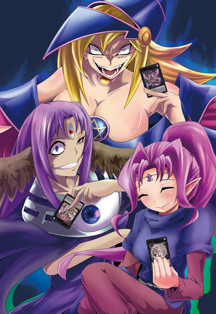 3girls, artist_request, blonde_hair, breasts, creepy, cyber_dragon_infinity, dark_magician_girl, dress, evil_smile, green_eyes, happy, hat, head_wings, large_breasts, looking_at_viewer, magical_girl, magician_of_faith, multiple_girls, open_mouth, parody, ponytail, sharp_teeth, shiny_skin, smile, teeth, what, wings, witch_hat, witch_of_the_black_forest, yu-gi-oh!