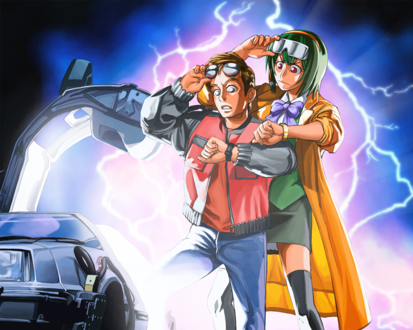 1980s_(style), 1boy, 1girl, back_to_the_future, back_to_the_future_part_ii, black_skirt, black_thighhighs, car