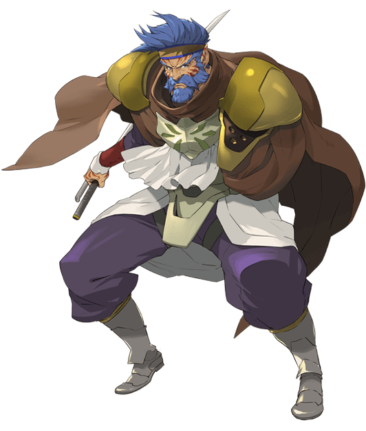 1boy, armor, ashlay_bernbeldt, beard, blue_facial_hair, blue_hair, brown_cape, brown_hairband, cape, facepaint, facial_hair, full_body, hairband, holding, holding_sword, holding_weapon, male_focus, official_art, pointy_ears, standing, star_ocean, sword, transparent_background, weapon
