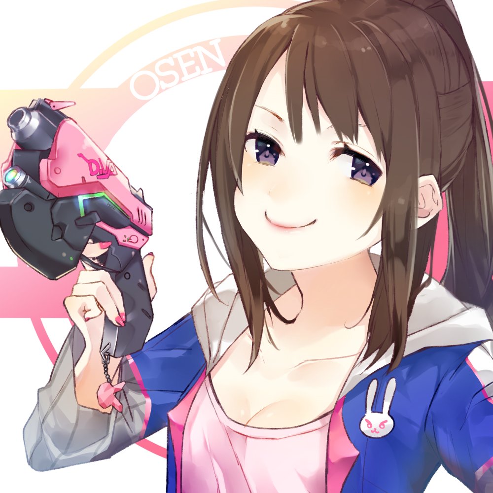 animal_charm, arm_up, blue_jacket, breasts, brown_hair, bunny_charm, charm_(object), cleavage, closed_mouth, d.va_(overwatch), fingernails, gun, holding, holding_gun, holding_weapon, hood, hood_down, hooded_jacket, jacket, kawaii_rowa, lipstick, long_hair, long_sleeves, looking_at_viewer, makeup, nail_polish, overwatch, overwatch_1, pink_lips, pink_nails, pink_shirt, purple_eyes, rabbit_charm, rabbit_symbol, shirt, sidelocks, small_breasts, smile, solo, swept_bangs, upper_body, weapon, white_hood