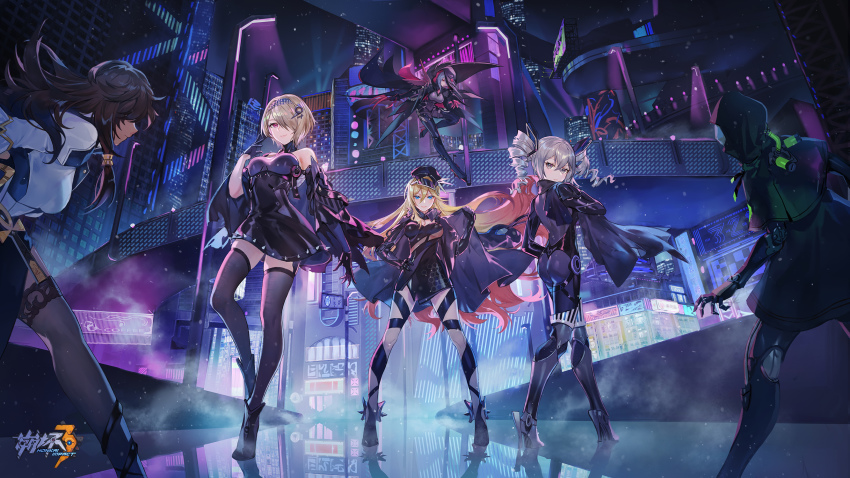 5girls, bare_shoulders, durandal_(honkai_impact), blonde_hair, blue_eyes, blue_hair, blush, bodysuit, bow, breasts, bronya_zaychik, cape, city, cityscape, copyright_name, criin_(659503), crossed_bangs, dress, drill_hair, flower, gloves, gray_serpent, grey_eyes, grey_hair, hair_between_eyes, hair_bow, hair_over_one_eye, hat, highres, honkai_(series), honkai_impact_3rd, hood, jackal_(honkai_impact), large_breasts, long_hair, looking_at_viewer, medium_hair, military, military_hat, military_uniform, mole, mole_under_eye, multiple_girls, night, official_art, peaked_cap, prosthesis, prosthetic_leg, purple_eyes, raven_(honkai_impact), red_eyes, rita_rossweisse, short_hair, sidelocks, skin_tight, smile, thigh_strap, thighhighs, twin_drills, very_long_hair, wide_sleeves