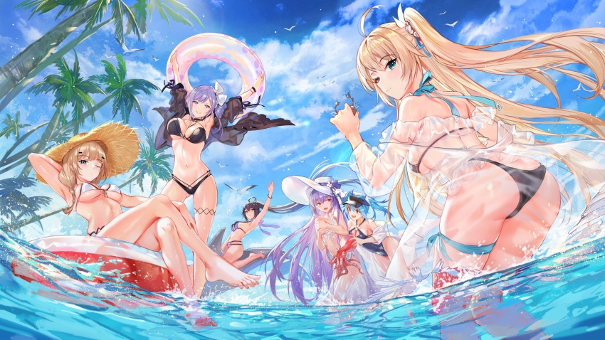 6+girls, absurdly_long_hair, ahoge, alternate_costume, arm_up, ass, bare_shoulders, barefoot, becas_shannam_(iron_saga), bikini, black_bikini, blue_eyes, blue_hair, blue_one-piece_swimsuit, bora_(iron_saga), bow, bracelet, braid, breasts, butt_crack, cleavage, covering_breasts, covering_privates, crab, criin_(659503), criss-cross_halter, crossed_legs, day, dolphin, feet, gender_request, genderswap, hair_bow, halterneck, hat, highres, holding, holding_swim_ring, innertube, iron_saga, jacket, jewelry, large_breasts, layla_(iron_saga), long_hair, looking_at_viewer, medium_breasts, medium_hair, multiple_girls, navel, octopus, off_shoulder, official_art, one-piece_swimsuit, one_eye_closed, one_side_up, open_clothes, outdoors, palm_tree, parted_lips, purple_bikini, purple_eyes, purple_hair, reclining, red_eyes, riding, see-through_clothes, shiny_skin, sidelocks, snow_(iron_saga), splashing, stomach, sun_hat, swim_ring, swimsuit, teresa_(iron_saga), thigh_strap, thighs, tree, veronica_(iron_saga), very_long_hair, visor_cap, wading, wet, white_bikini