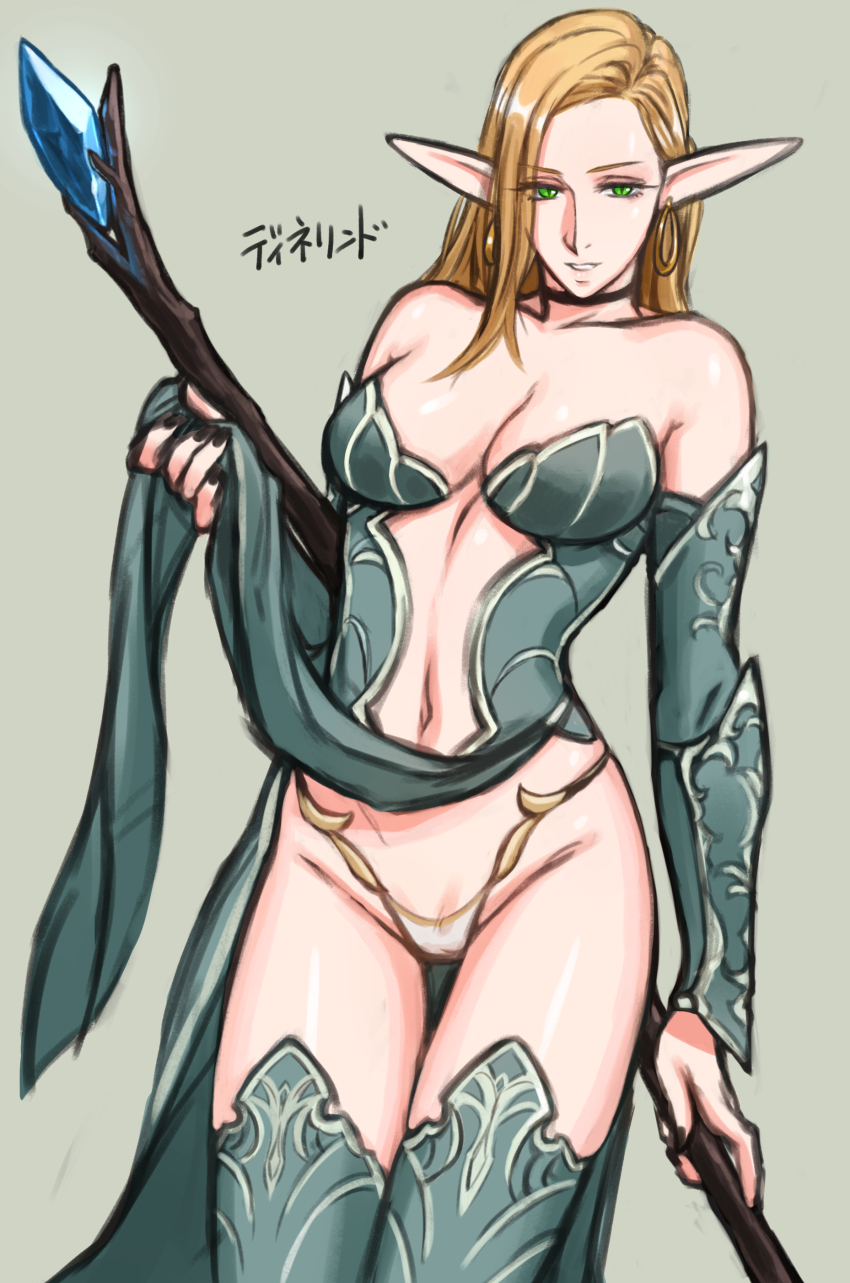 1girl, absurdres, bad_id, bad_pixiv_id, bare_shoulders, black_choker, black_nails, breasts, choker, collarbone, crystal, dinelind_(drill_(emilio)), drill_(emilio), earrings, elf, eyes_visible_through_hair, fantasy, fingernails, glowing, green_background, green_eyes, green_legwear, highres, holding, holding_staff, hoop_earrings, jewelry, lifting_own_clothes, long_hair, nail_polish, navel, original, parted_lips, pointy_ears, shiny_skin, simple_background, solo, staff