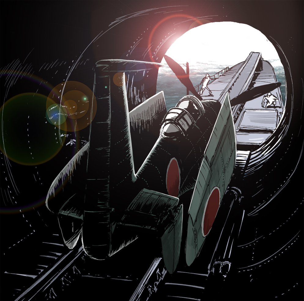 aichi_m6a_seiran, aircraft, aircraft_carrier, aircraft_catapult, airplane, blue_sky, day, folded_wings, folding_wing, i-400, i-400-class-submarine, imperial_japanese_navy, light_rays, matsuda_juukou, military, military_vehicle, mother_ship, ocean, original, outdoors, parasite_aircraft, propeller, propeller_fighter, seaplane, ship, sky, submarine, submarine_aircraft_carrier, sunbeam, sunlight, vehicle_focus, warship, water, watercraft, world_war_ii