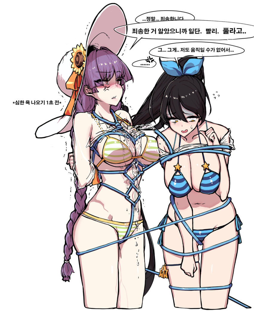 2girls, :d, alternate_costume, anger_vein, arms_behind_back, bad_id, bad_pixiv_id, bikini, black_hair, blush, braid, breasts, cleavage, commentary_request, counter:side, female_focus, happening18, hat, highres, hose, korean_commentary, korean_text, lee_yumi_(counter:side), liv_allen, long_hair, multiple_girls, navel, official_alternate_costume, open_mouth, photoshop_(medium), purple_hair, shibari, simple_background, smile, striped_bikini, striped_clothes, sun_hat, swimsuit, water, white_background, yellow_eyes