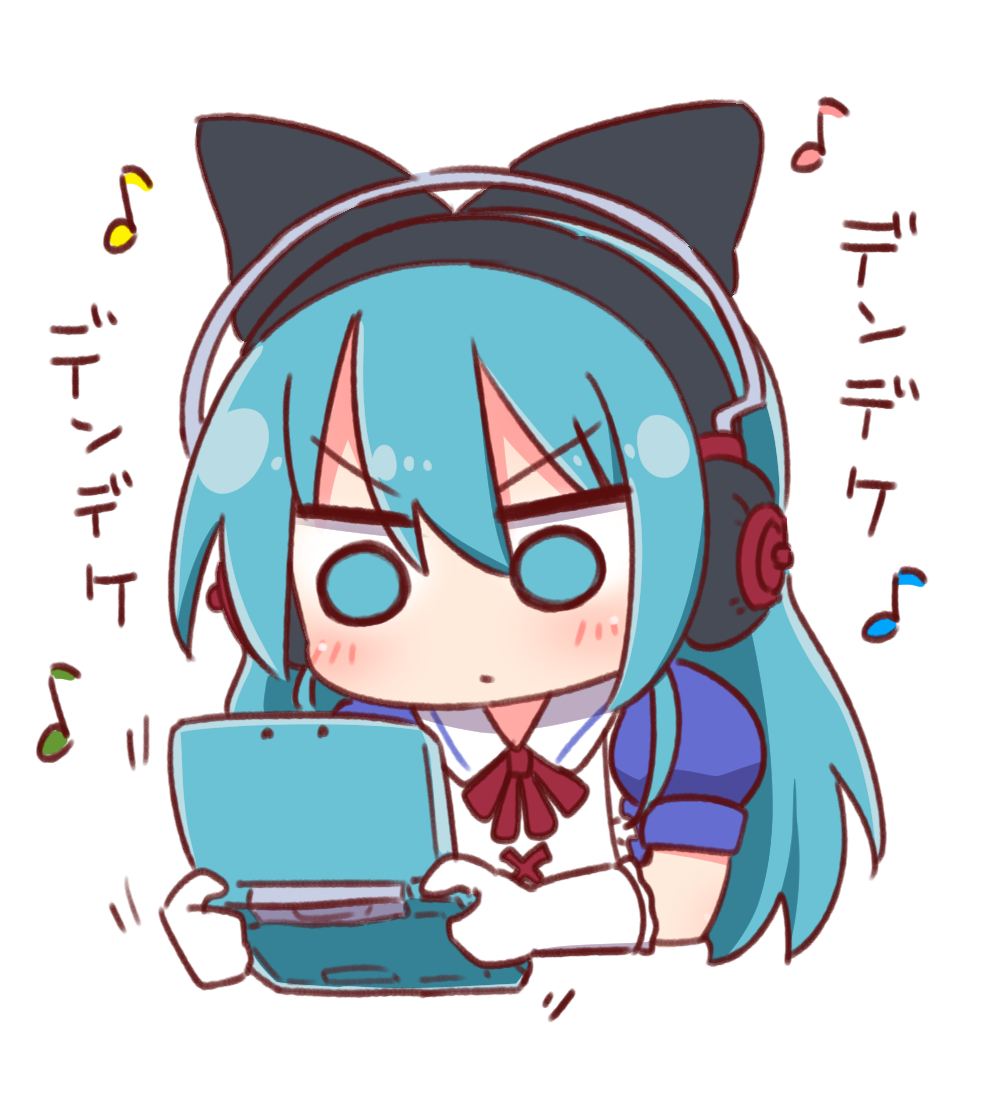 1girl, ayasaki_yuu_(band_brothers), black_bow, blue_eyes, blue_hair, blush, bow, closed_mouth, collared_shirt, cropped_torso, daigasso!_band_brothers, gloves, hair_between_eyes, hair_bow, handheld_game_console, headphones, holding, long_hair, naga_u, neck_ribbon, puffy_short_sleeves, puffy_sleeves, red_ribbon, ribbon, shirt, short_sleeves, simple_background, solo, translation_request, upper_body, v-shaped_eyebrows, white_background, white_gloves, white_shirt