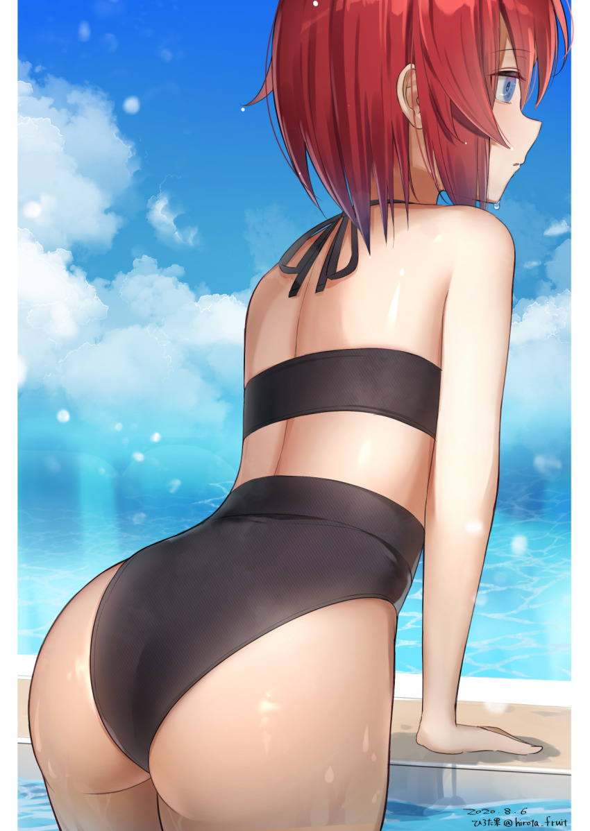 1girl, ange_katrina, ass, bare_arms, bare_shoulders, bikini, black_bikini, blue_eyes